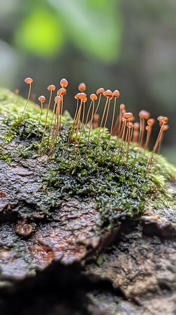Close up captures a cluster of petite brown mushrooms on slender stems, emerging from vibrant green moss. They sit atop a weathered log, showcasing natures intricate beauty and detail.の素材