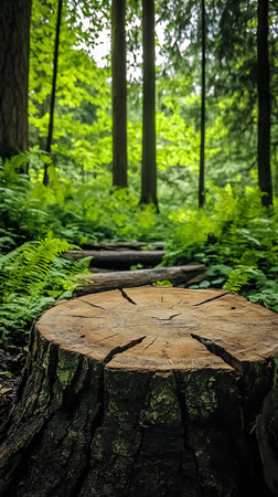 Close-up of a weathered tree stump in a vibrant forest with sunlit ferns and towering trees in soft focus. Perfect nature image.の素材