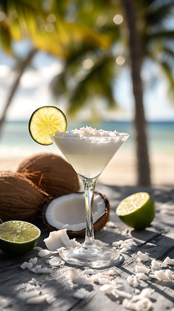 This idyllic scene presents a tropical coconut martini on a rustic wooden surface, complemented by fresh coconuts and limes. The sunny beach backdrop enhances the relaxation theme.の素材
