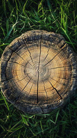 Upward-facing close-up shot showcasing the detailed rings and cracks of a tree stump on a bed of vibrant green grass illuminated by sunlight. Natural, earthy, and organic textures.の素材