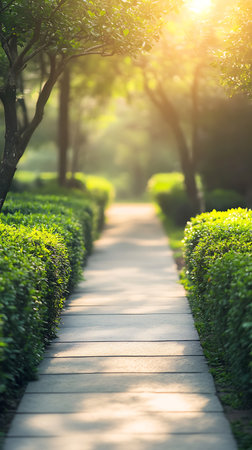 Peaceful scenery displays a stone path lined with trimmed green hedges and trees, bathed in golden sunbeams illuminating nature's beauty.の素材
