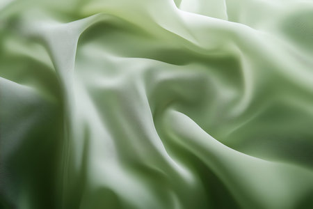 Delicate light green silk fabric gently drapes and cascades, creating a tranquil, elegant form with soft, flowing lines and subtle shadows, revealing its luxurious texture and visual appeal.の素材