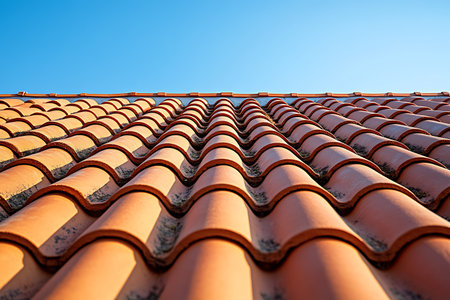 Low angle captures rows of terracotta roof tiles receding upwards towards a brilliant blue sky, creating a graphic architectural pattern. Rich textures and warm sunlight.の素材