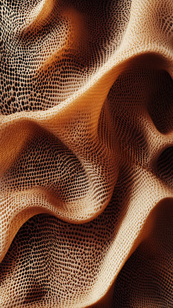 Delicately woven golden mesh creates unique wavy pattern. Porous texture adds depth, emphasizing the intricate details and dramatic shadows. This creates an abstract background.の素材