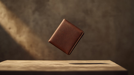 Depicts a brown leather wallet in mid-air, casting a shadow on a polished wooden surface against a mottled backdrop, creating a visually appealing still life scene.の素材