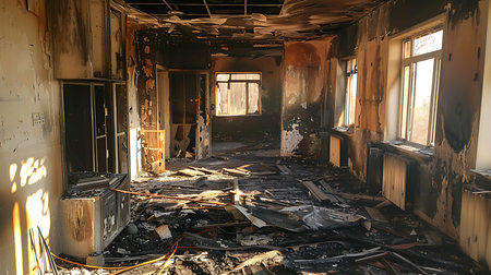 This is the interior of a house severely damaged by fireの素材