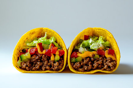 Two delicious tacos are arranged side by side, showcasing a vibrant combination of seasoned ground beef, crisp lettuce, colorful bell peppers, and a creamy sauce inside crunchy yellow shells.の素材