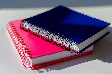 A closeup view showcases two vivid notebooks a pink spiral-bound notebook sits beneath a hardcover notebook with a deep blue cover, both resting on a white surface under bright light.の素材