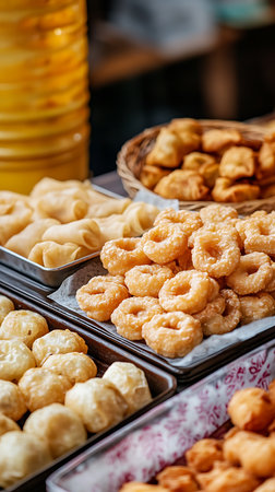 A vibrant close-up shot features various asian pastries, from delicate spring rolls to an array of golden fried doughs. The image emphasizes the texture and preparation detail of these treats.の素材