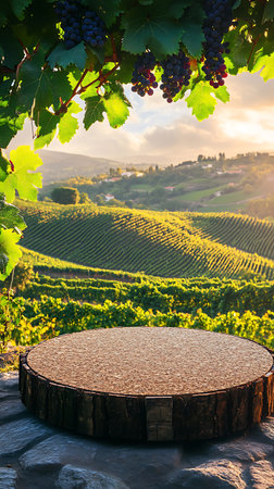 Wood product display stand is positioned before a golden, sun-drenched vineyard under grape vines. Perfect image for promoting agriculture, viticulture, wine, or products from nature.の素材