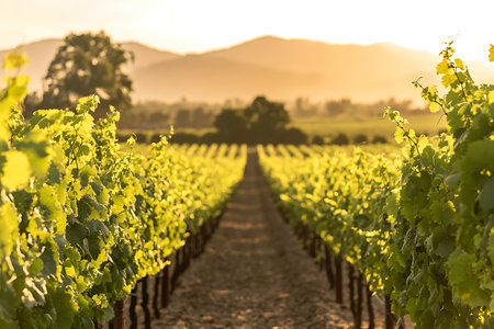Rows of thriving green grape vines in a vineyard stretch towards the horizon, illuminated by the warm glow of the setting sun. Hazy mountains are visible in the background.の素材