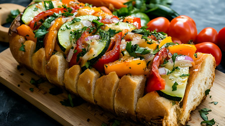 Fresh, vibrant, vegetable-topped bread loaf featuring zucchini, peppers, onions, parsley, and tomatoes displayed on a wooden board, complemented by background produce.の素材