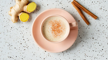 Overhead close up shot displaying a ginger latte dusted with spice in a light pink cup and saucer next to raw ginger and cinnamon sticks against a speckled white backdrop.の素材