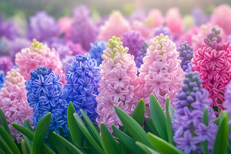 A stunning close-up captures a field of hyacinth flowers in shades of pink, purple, and blue. Soft natural light enhances the flower's delicate petals with green leaves.の素材