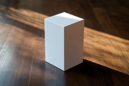 Minimalist composition shows a white geometric cube with sharp edges sitting on a dark, polished wood floor. Sunlight streams in creating strong shadows, emphasizing simplicity.の素材