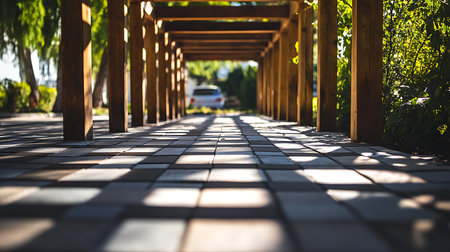 Perspective view looking down a wooden pergola walkway with light and shadow patterns on paving stones leading to a blurred car and green trees in the background.の素材