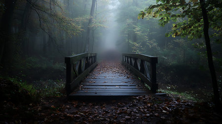 A wooden bridge covered with fallen leaves disappears into the fog within an autumn forest, casting a peaceful, yet dark, serene mood in this natural landscape.の素材
