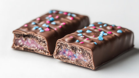 Macro shot showcasing two milk chocolate bars decorated with pink and blue sprinkles. The bars have a visible center filling of pink, blue, and white colors.の素材