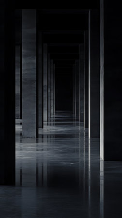 Atmospheric image of a long, dark hallway featuring repeating concrete pillars and a glossy floor reflecting the light, creating an abstract and mysterious perspective with a vanishing point.の素材