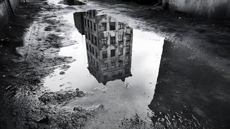 Captivating monochrome photograph featuring a tall building reflected in a murky puddle. The image captures urban decay, architectural reflection, and artistic details of city life.の素材