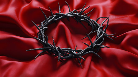 A detailed shot depicting a crown of thorns placed upon draped red fabric. A powerful symbol of crucifixion, suffering, and spiritual themes related to the passion of jesus.の素材