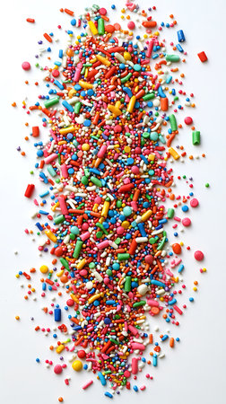 Vibrant overhead shot of a variety of colorful candy sprinkles including rods, spherical nonpareils, and sugar confetti. Perfect for illustrating baking, desserts, or parties.の素材
