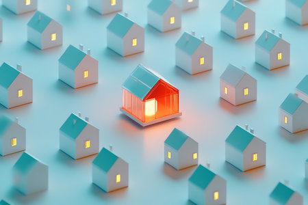 Abstract architectural scene featuring a glowing, transparent red house amidst a repeating pattern of simple, muted white and blue minimalist houses with illuminated windows, concept property investment.の素材