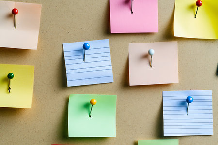 This close-up captures a cork board display, adorned with colorful push pins securing blank and lined note papers. This shot shows a dynamic organizational and visual display.の素材