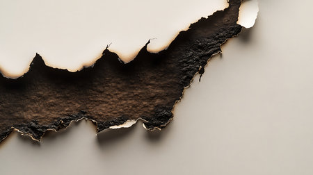 A detailed close-up reveals a partially burned piece of paper. The dark, charred texture is exposed where the paper has been consumed by fire, with golden edges along the tear.の素材
