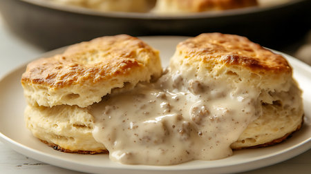 Close-up shot of freshly baked, golden brown biscuits, split open and smothered in creamy sausage gravy. Perfect for breakfast, brunch, or a comforting dinner.の素材