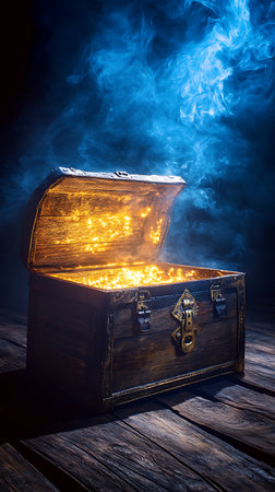 An open, weathered wooden treasure chest emits a golden light, set against a backdrop of swirling blue smoke, evoking mystery and adventure on a wooden floor.の素材