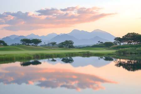 This captures a tranquil golf course view at sunset, complete with a reflective lake showing pink-hued clouds and distant mountain ranges. The lush green grass contrasts beautifully.の素材