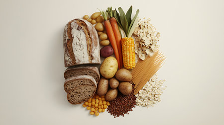 Overhead shot featuring a diverse array of carbohydrate-rich foods, including sliced bread, potatoes, carrots, corn on the cob, spaghetti, oats, lentils, and yellow peas on cream backdrop.の素材