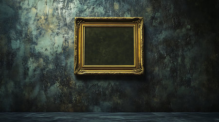 A regal golden picture frame graces a dark textured wall, evoking a sense of classic elegance. Ideal for showcasing art or adding a touch of vintage sophistication to any project.の素材