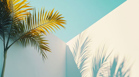 A tropical palm tree gracefully extends into the frame, its lush fronds casting dynamic shadows on a clean, minimalist white wall, set against a bright, airy blue sky background.の素材