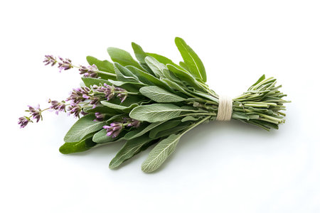 Close-up showcasing a bundle of freshly picked sage, intertwined with blooming lavender, all neatly tied together with natural twine. Isolated on a bright white background.の素材