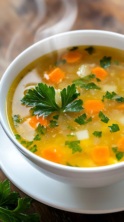 Close-up of a white bowl filled with steaming vegetable soup featuring visible carrots, potatoes, and parsley. The broth is golden, and a parsley sprig garnishes the bowl with steam rising.の素材