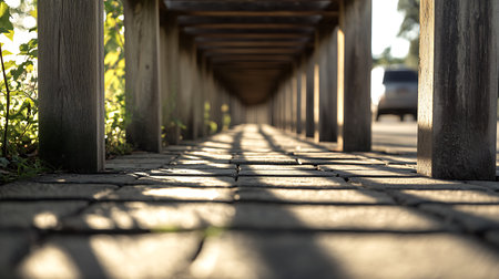 Low-angle view beneath a wooden boardwalk presents an eye-level shot of a sunlit stone path, framed by repeating wooden support beams. Golden sunlight filters through, casting shadows on the pavers. Car parked in distance.の素材