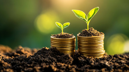 Two young plants sprout from stacks of gold coins in rich soil, symbolizing financial growth and investment. The image suggests a bright, sustainable future and success.の素材
