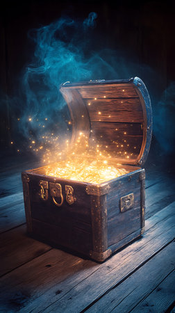 An antique wooden chest rests on wooden planks, brimming with gold coins. Light sparkles as blue smoke swirls upward, creating a scene filled with mystery and treasure.の素材
