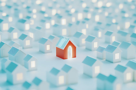 Conceptual image showcasing a red house with a glowing doorway, standing out amidst many white houses, symbolizing unique home ownership and real estate opportunity, a modern visual.の素材
