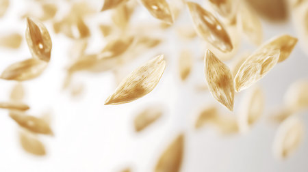 Captivating image showcases blurred, golden seed pods or husks gently floating in a crisp white space. The soft focus creates an elegant, abstract, and dreamy aesthetic.の素材