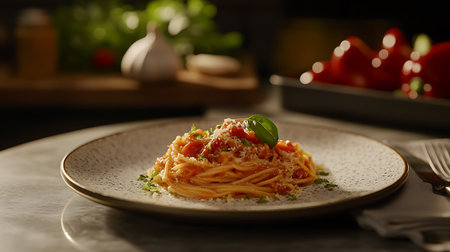 A visually appealing image showcasing a portion of spaghetti served with a rich tomato sauce. Garnished with fresh basil and a sprinkle of parmesan cheese. The dish sits invitingly on a speckled plate.の素材