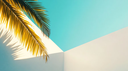 Golden palm fronds contrast sharply against minimalist white architecture and a tranquil light blue sky. Ideal for travel, summer, or minimalist design projects.の素材