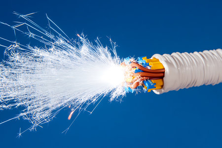 Close-up shot of a white corrugated electrical conduit with exposed, multicolored wires, producing sparks and light against a stark blue background, highlighting electrical damage and failure.の素材
