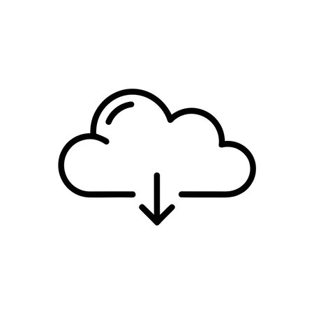 A black outline cloud download icon with an arrow indicating data retrieval on a white backgroundのイラスト素材
