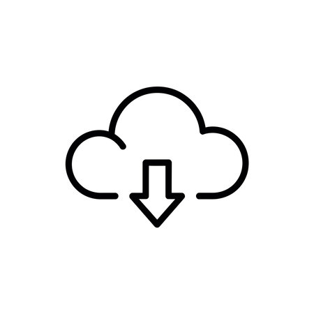 A black outline cloud download icon with an arrow pointing down on a white backgroundのイラスト素材
