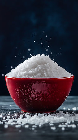 A vibrant red ceramic bowl brimming with white granular salt, captured as delicate crystals sprinkle and scatter over a dark surface.の素材