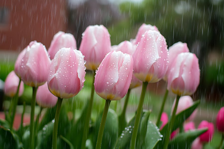 A group of beautiful pink tulips, adorned with sparkling raindrops, flourishing in a spring garden.の素材