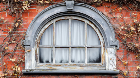 A vintage arched window frame with peeling paint is set into an aged red brick wall, adorned with climbing dry vines.の素材